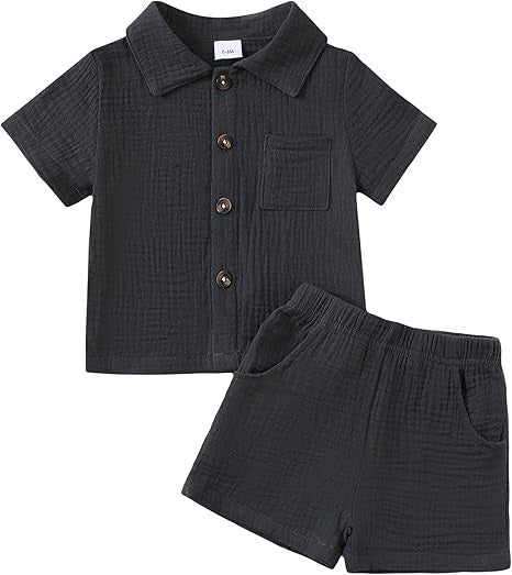 Bébé garçon coton-liné de couleur solide tissu texturé Collier à manches courtes supérieur élastique Wa