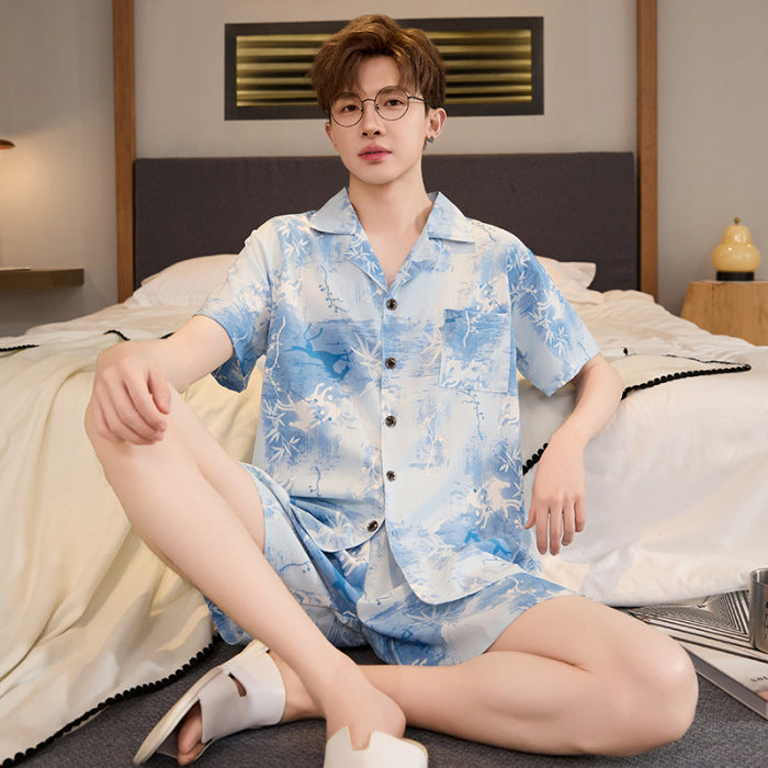 Hommes Summer Cardigan Ice-silk Manches courtes Top et shorts