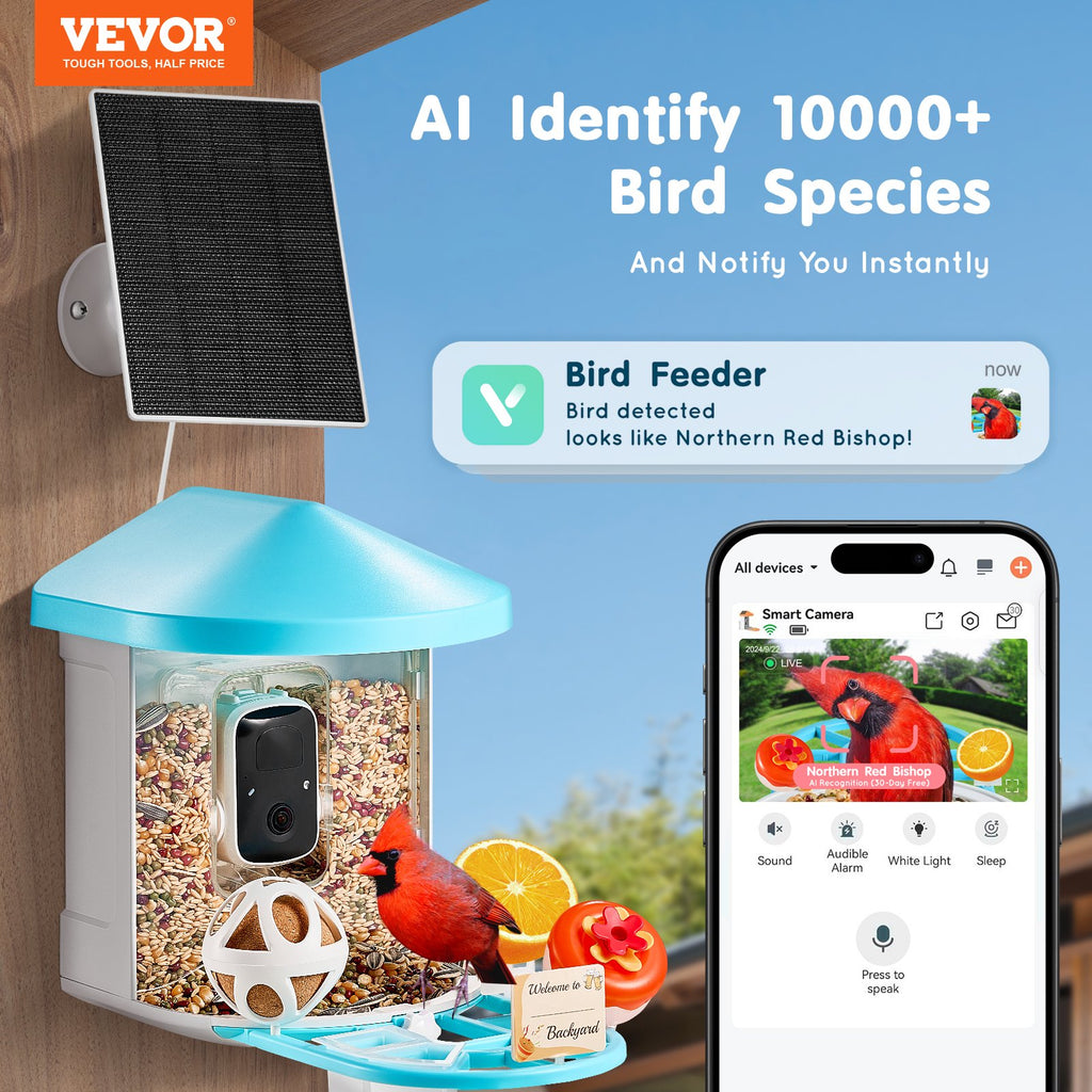 VEVOR Smart Bird Feeder avec caméra 2K HD AI Identifier les espèces d'oiseaux Capture automatique
