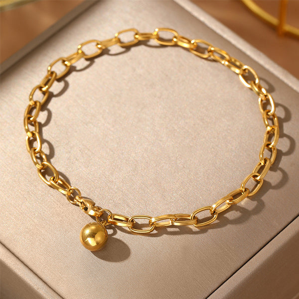 Femmes Paperclip Link Chaîne Bracelet Or Ton Dangling Round Ball Charm Acier inoxydable Lo