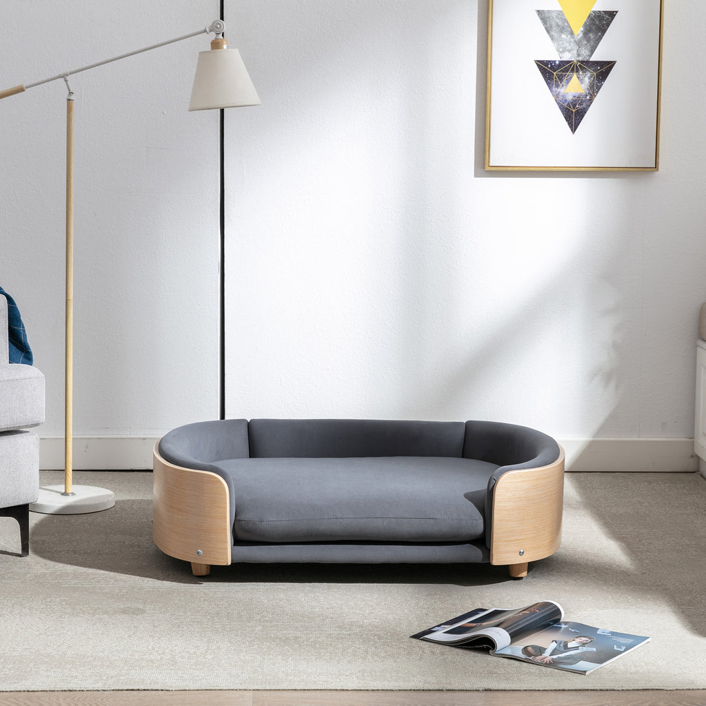 Style scandinave Lit de chien élevé Canapé pour animaux avec pieds en bois massif et dos en bois bent