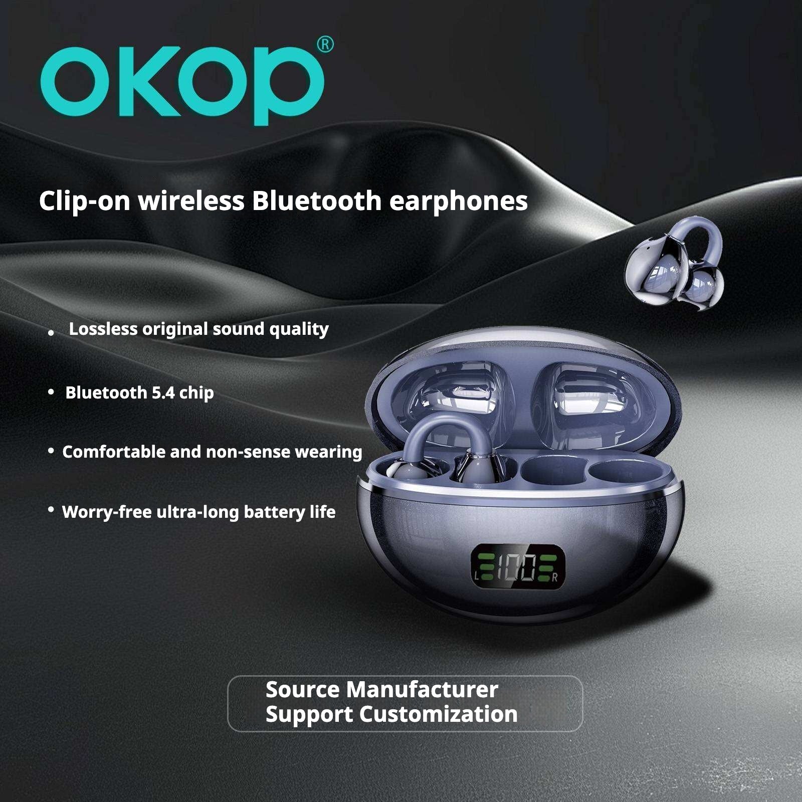 KP-206 Ecouteurs Bluetooth sans fil Affichage de batterie numérique OWS Haute Fidelité Audio Clip-On