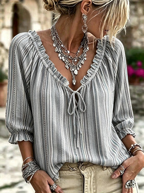 T-shirt V-Neck à manches rayées imprimé pour femmes