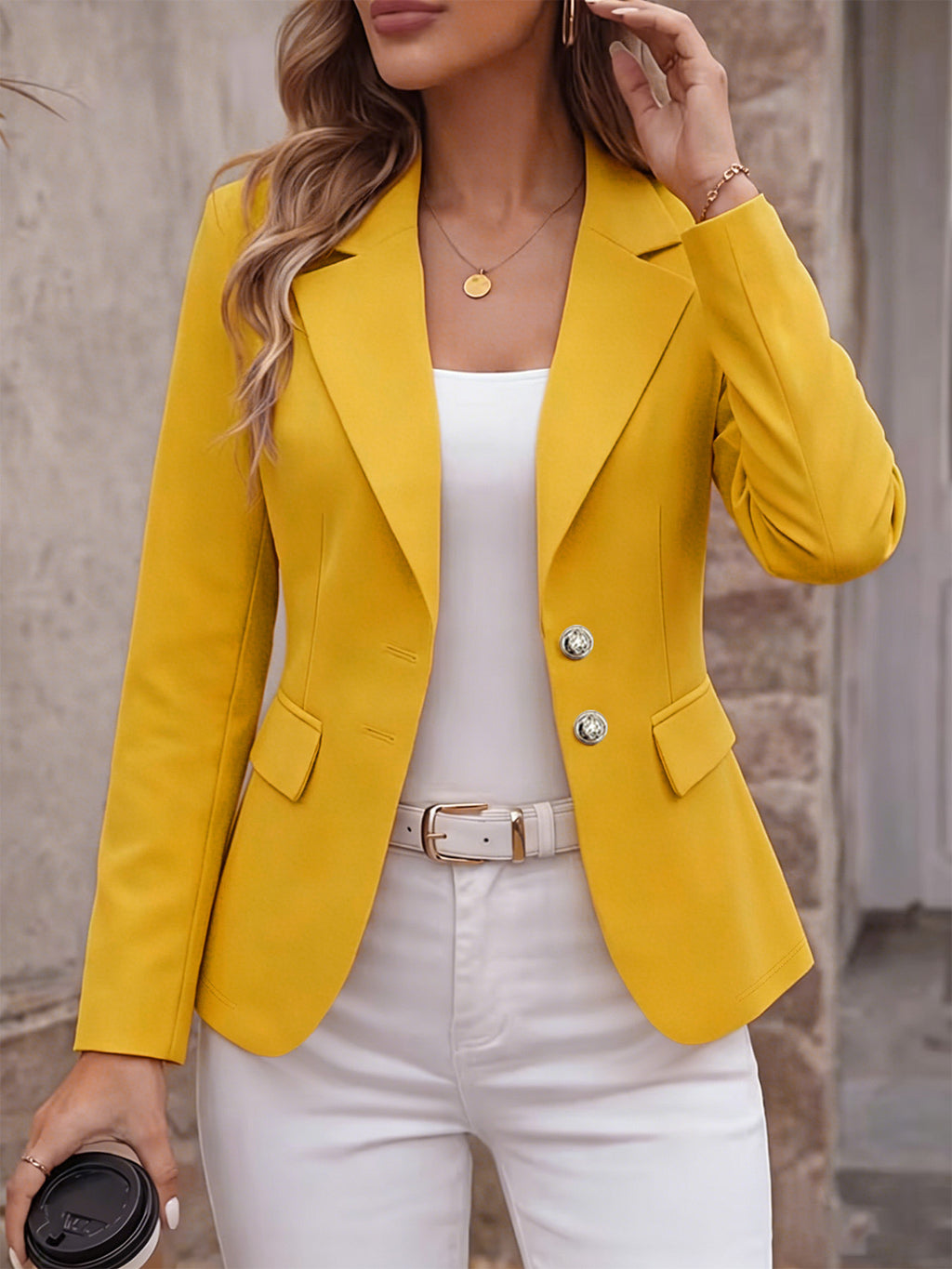 Notch-lapel à deux boutons Flap-pocket manches longues Petite Blazer Cardigan Coat