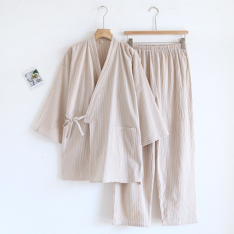 Coton Lavé Pyjama costume mince rayé hommes et femmes japonais couple Kimono pantalons