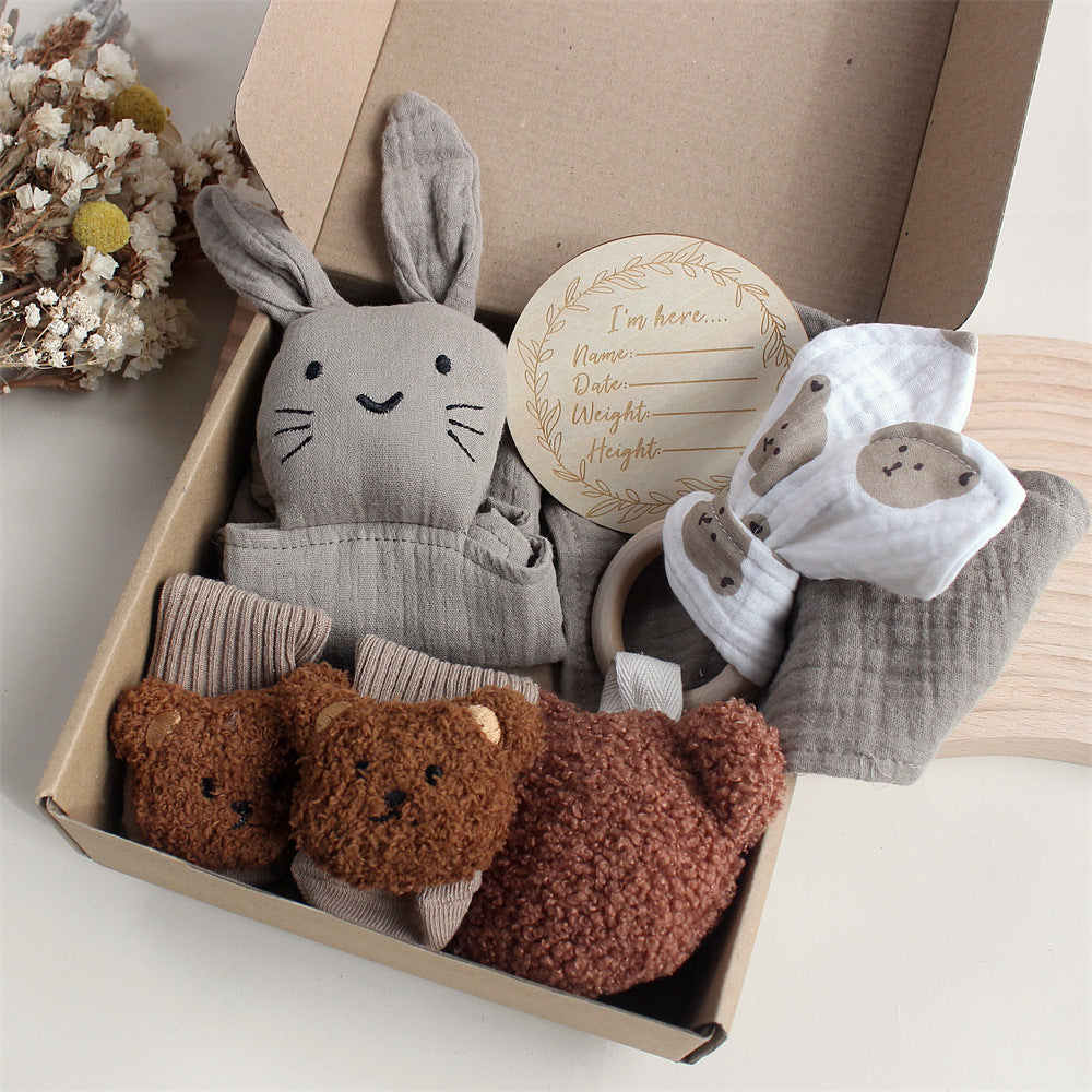 Bébé lapin Lion Appasing Serviettes Chaussettes Saliva Serviette Laver Cadeau Boîte Newborn Bite Anneau Cheveux B