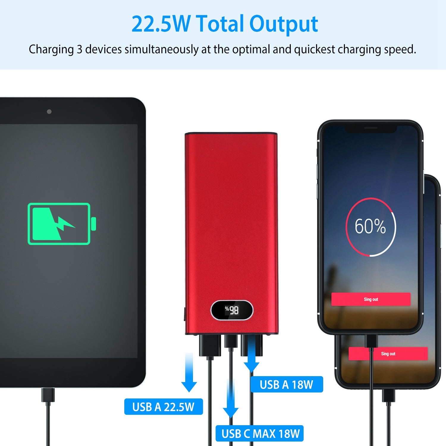 Options couleur rouge vert-noir -- 1Pc 20000Mah Power Bank Chargeur Portable Batterie externe