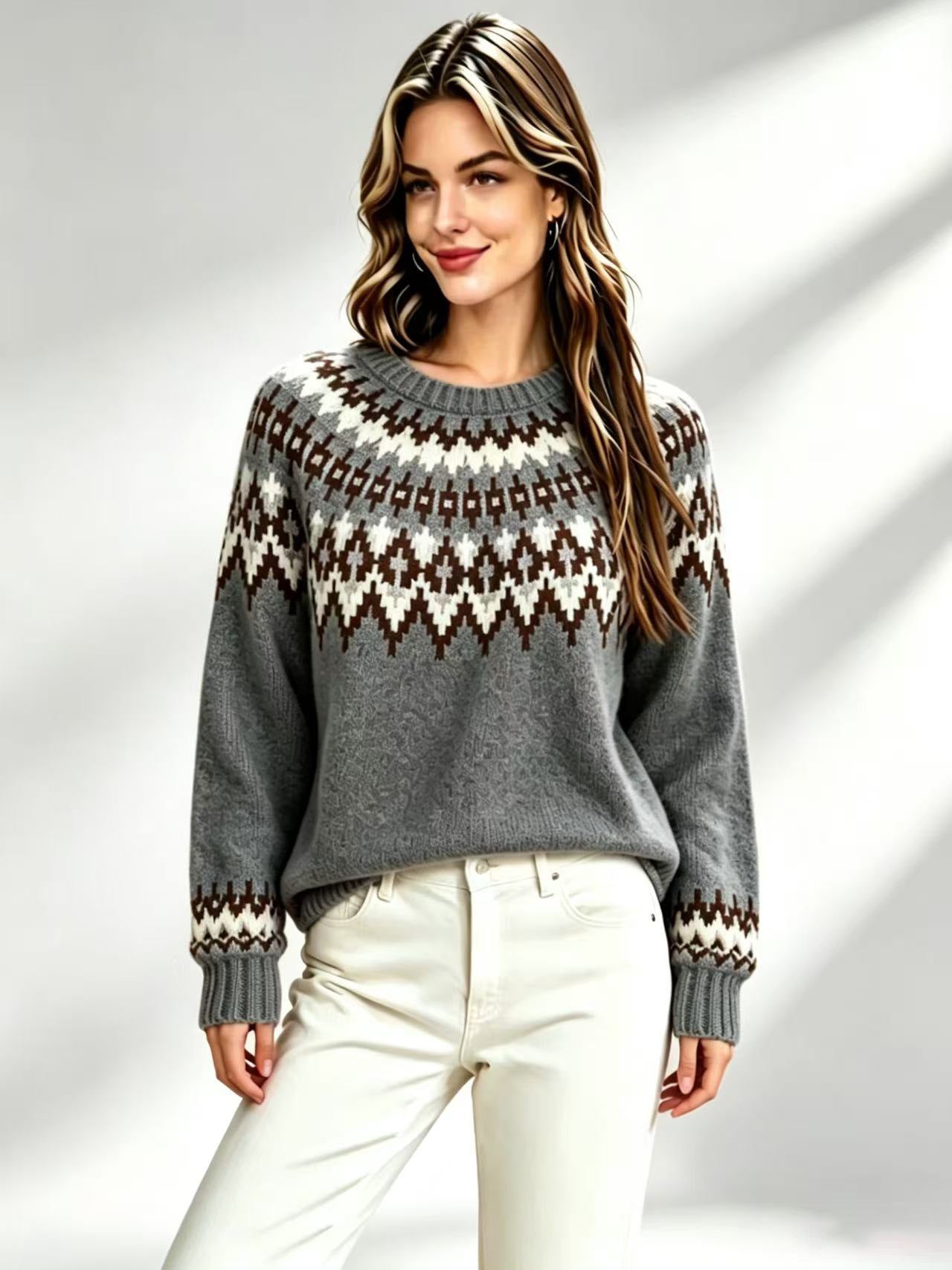 Femmes Retro Fair-Isle Knit Crew-Neck Sweater