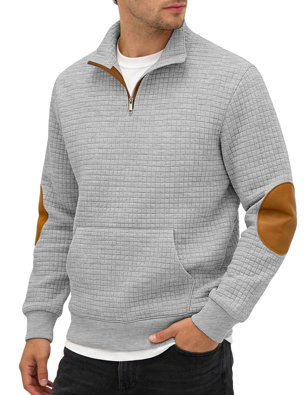 Amazon Homme Automne & Hiver Demi-Zip Suede Jacquard Petit chèque Long-Sleeve Stand Collar