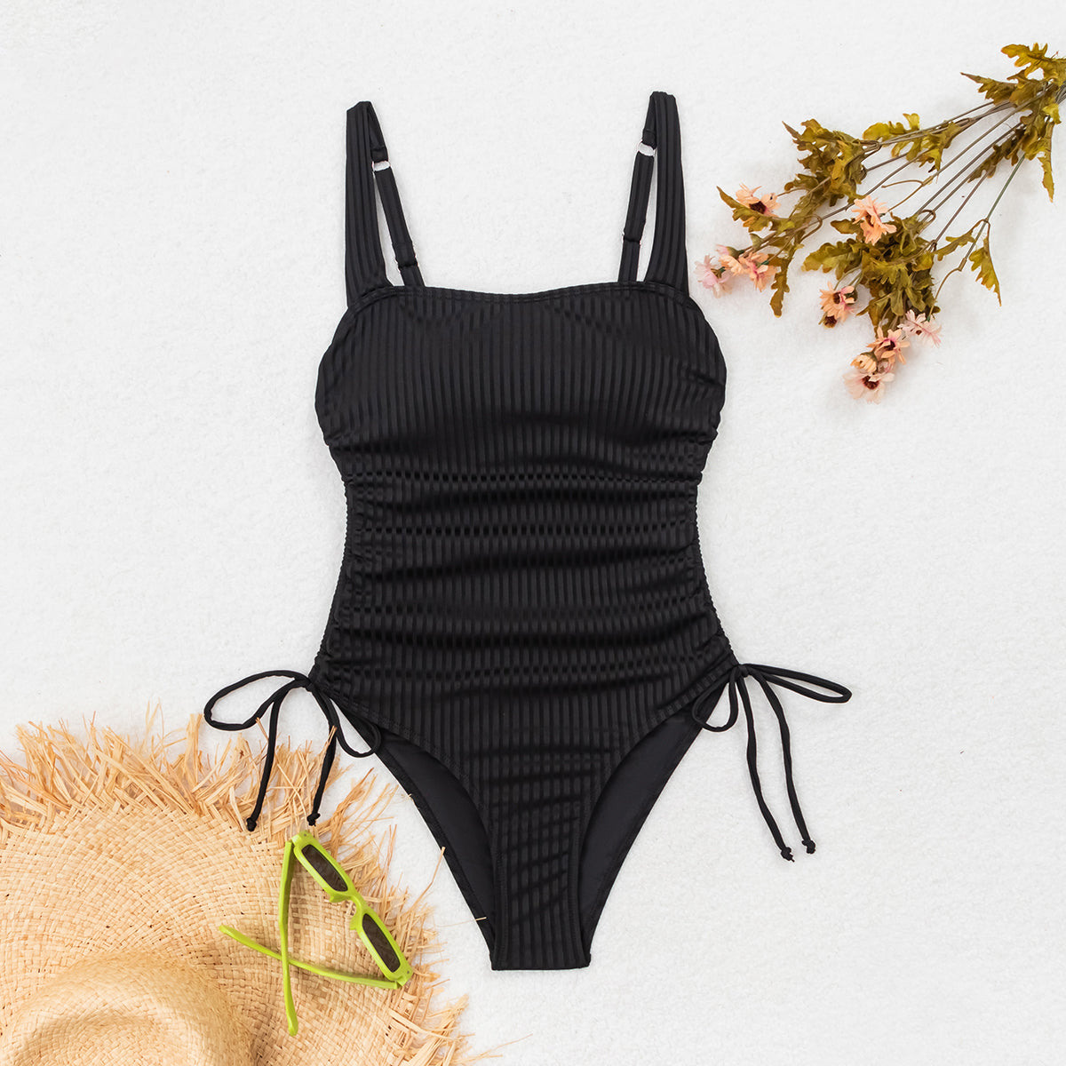Cou carré côtelé Une pièce maillot de bain pour les femmes