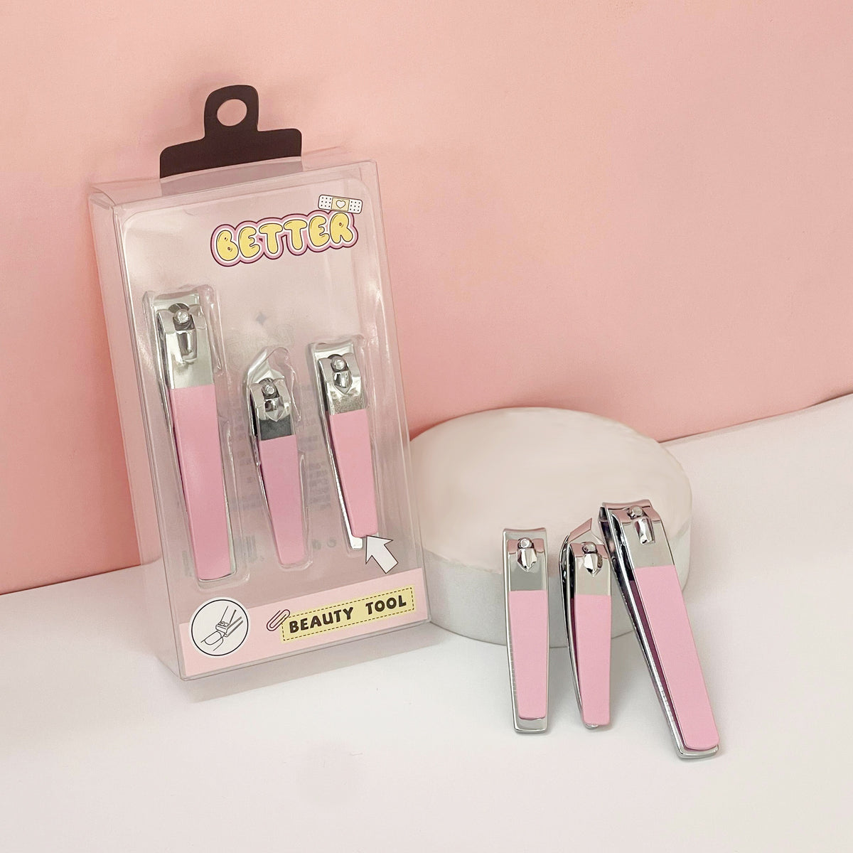 Nail Clipper Set Three-Piece Pink Model-304 Stainless Steel-1 Set