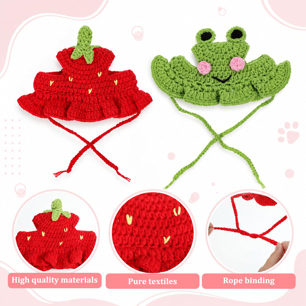 2Pcs Crochet chapeaux de chat tricoté chapeau de chat fraise et grenouille chapeau mignon tricoté chat