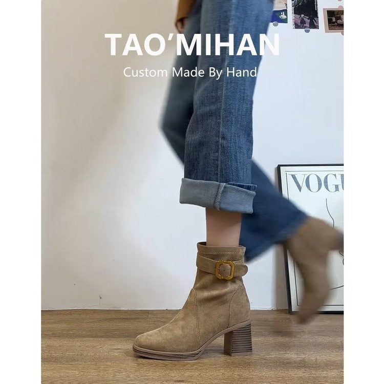 Bottes d'orteil carrées à talons hauts pour femmes