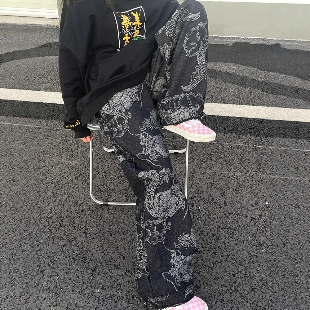 Style américain Vintage Edgy Dragon-print Slimming Large-leg Denim Pantalons