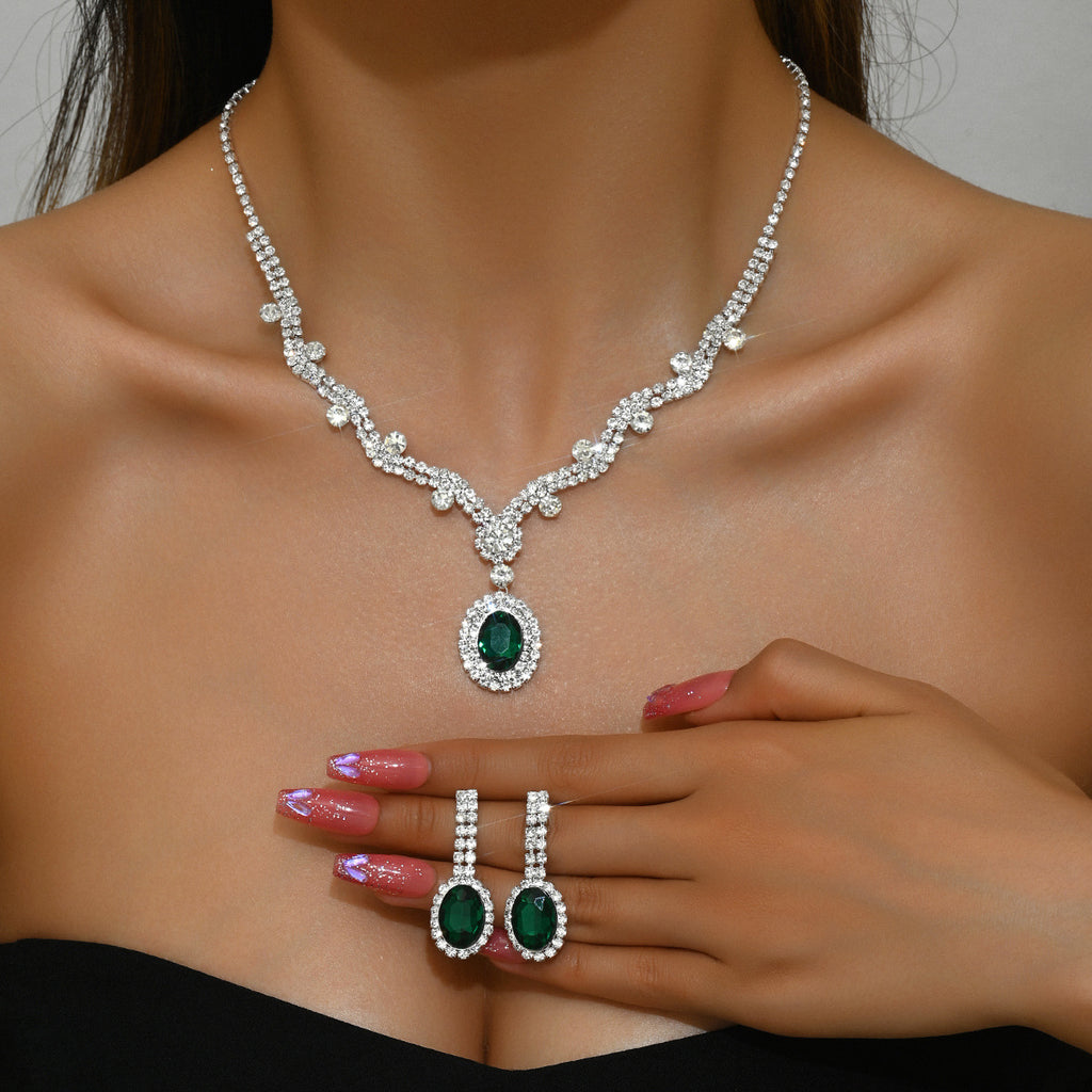 Femmes Simulated Emerald Oval Halo CZ 2Pcs Ensemble de bijoux