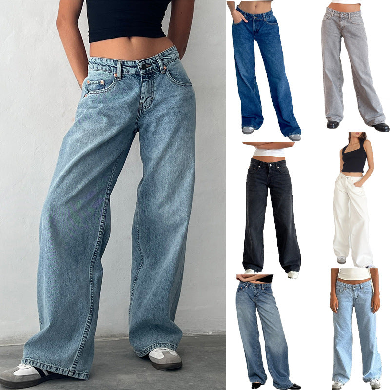 American Style Retro Low Waist Non élastique Lavé droit Jeans Femme Autumn Street Wid