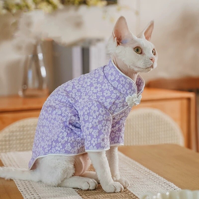 Robe de Cheongsam de fleur brodée 3D de chat sans cheveux