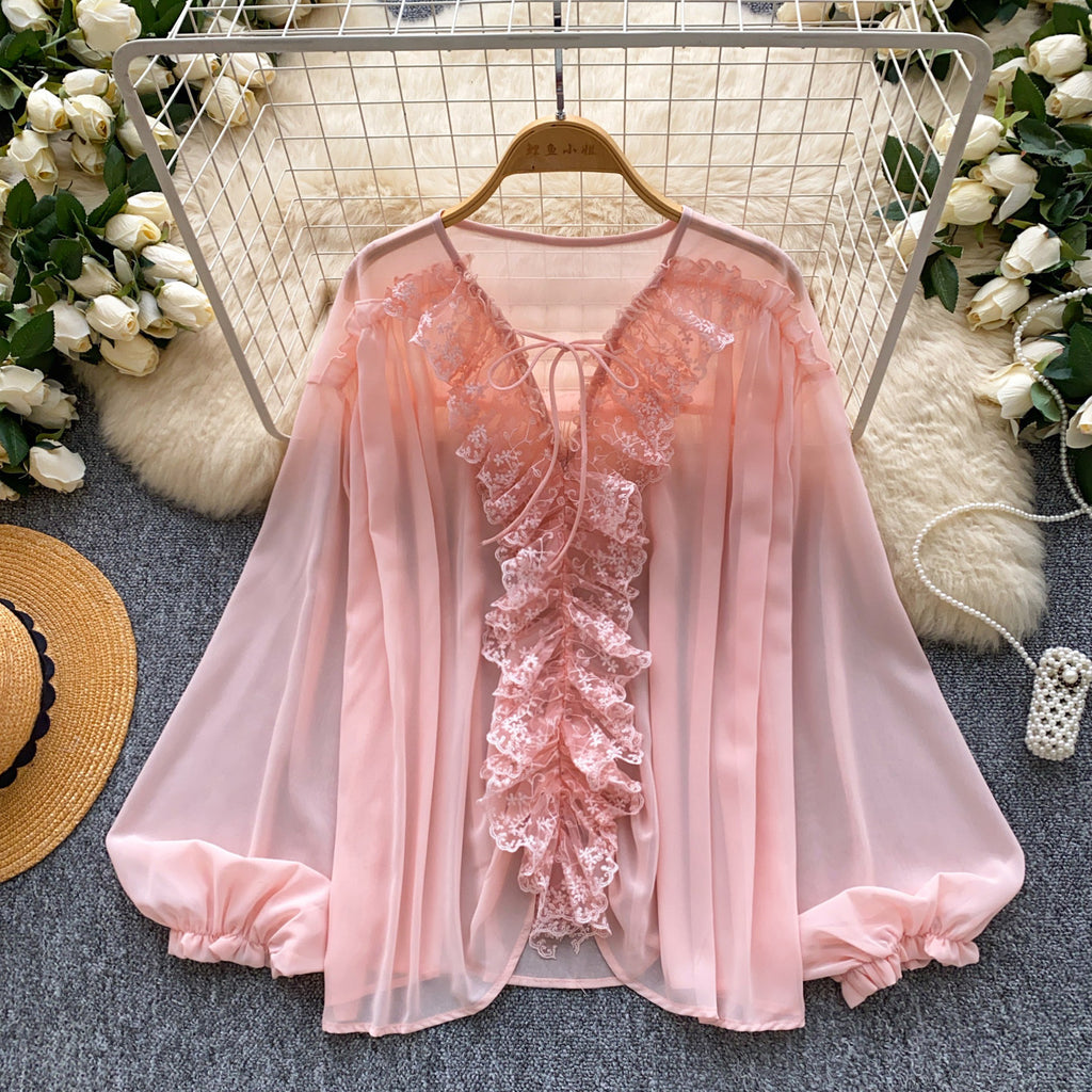 Chemise à volant en V-Neck doux de style français pour femmes
