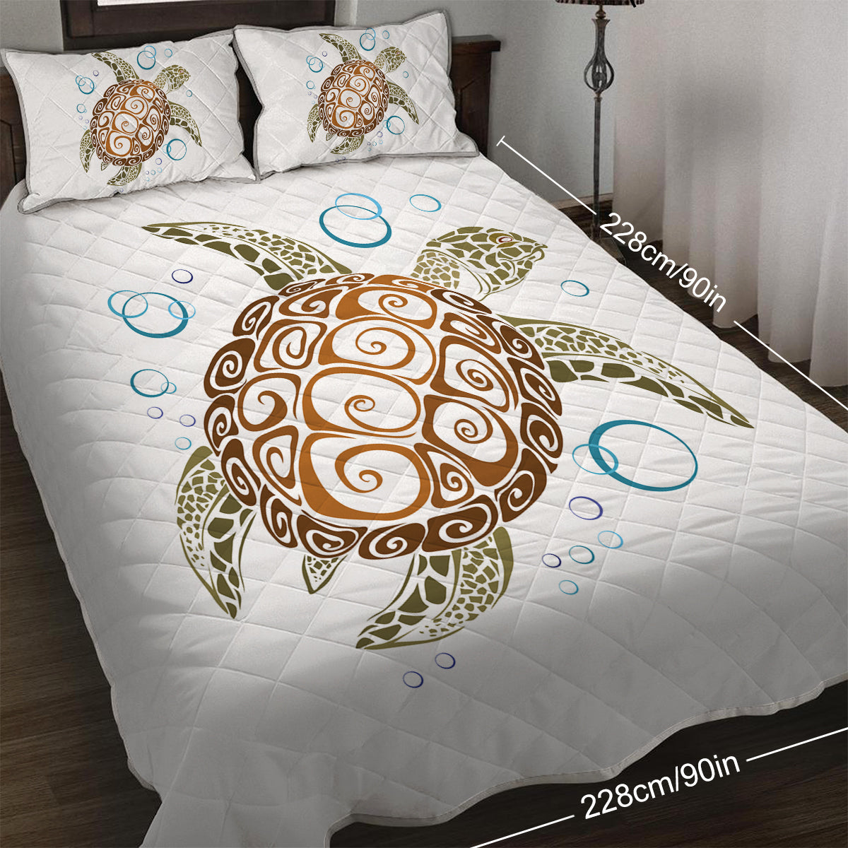 Gold Sea Turtle Quilt Set - Summer Lightweight Bedspread - Teen Beach Turtle Pattern - Sof