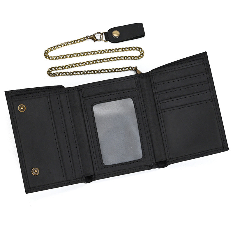 RFID véritable cuir petit portefeuille hommes trois plis de cartes multiples fentes avec chaîne de fer