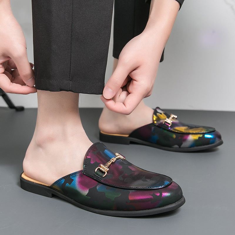 Style Fermé orteil demi-dépliant-Flops Hommes Couleur métallique Sandales en cuir coupées en V peu profond