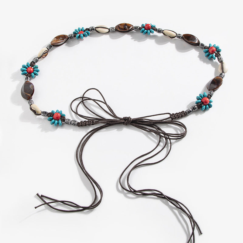 Bohemian style fleur tissée style ethnique fait main perles en bois Ceinture de femmes Loisirs H