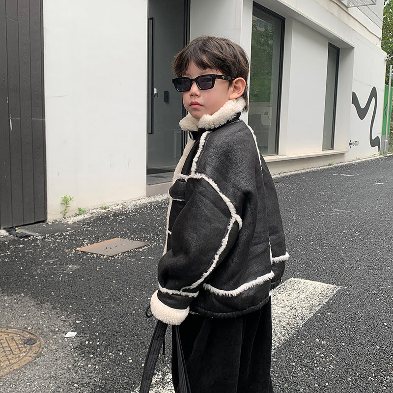 Veste en cuir de garçon Manteau rembourré polaire Automne et vêtements d'hiver