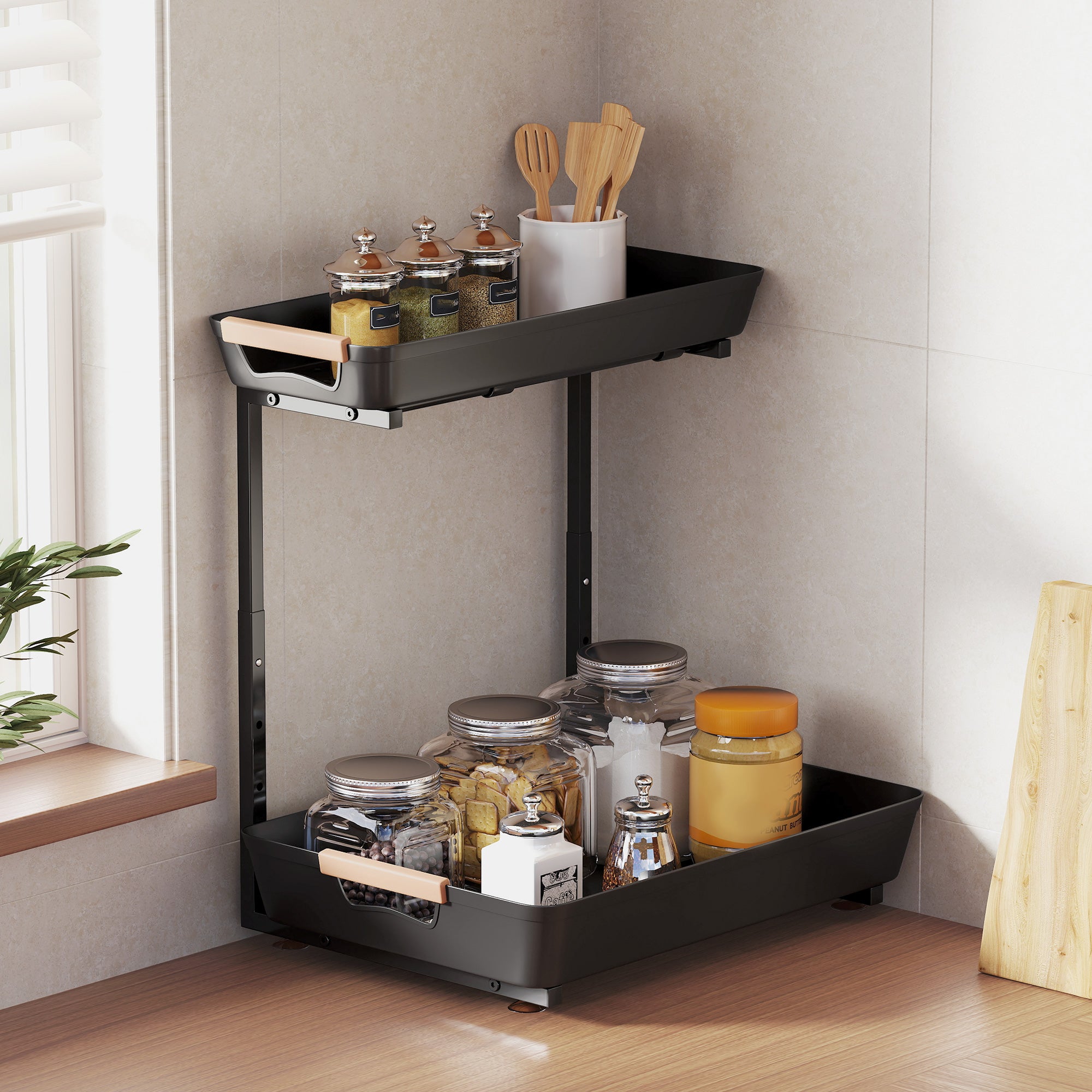 Hauteur réglable de la cuisine Organisateur 2 niveaux paniers de retrait rack de stockage en métal sous évier