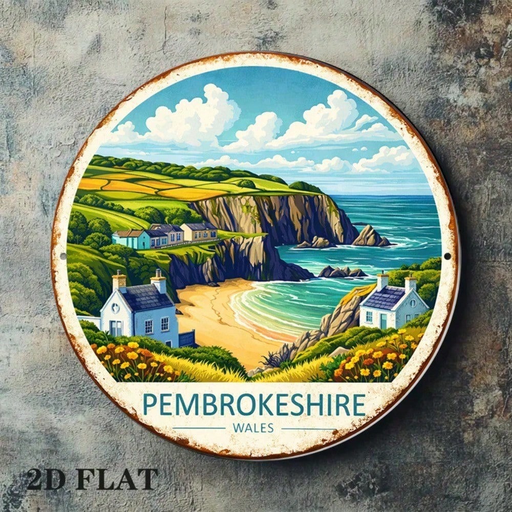 Pembrokeshire Wales Vintage Cottage Landmark Panneau mural rond