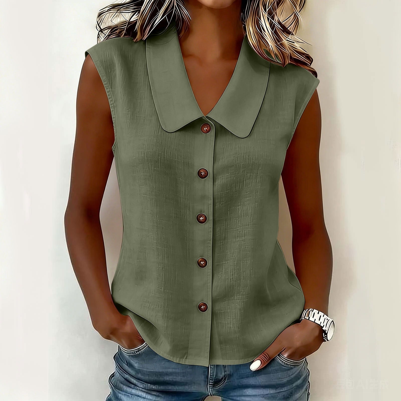 Printemps été femmes S Élégante entreprise Polo cou bouton bas Blouse sans manches