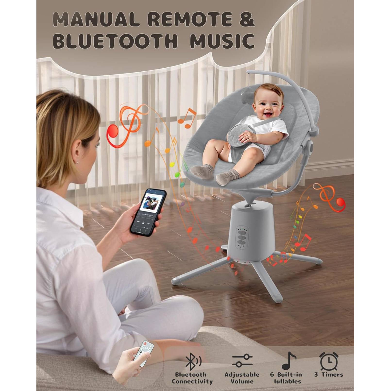 Baby Swing, Baby Swings pour bébés avec 3 modes et 5 vitesses BT Activé App & Télécommande