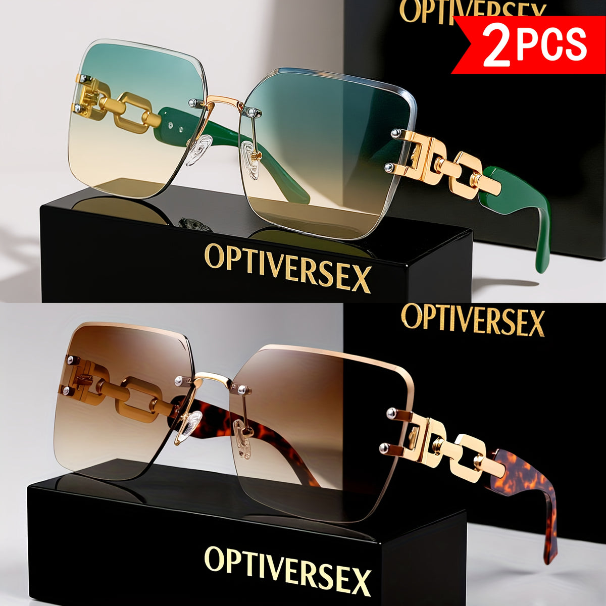 Lunettes de soleil carrées sans cadre 2 PCS pour dames