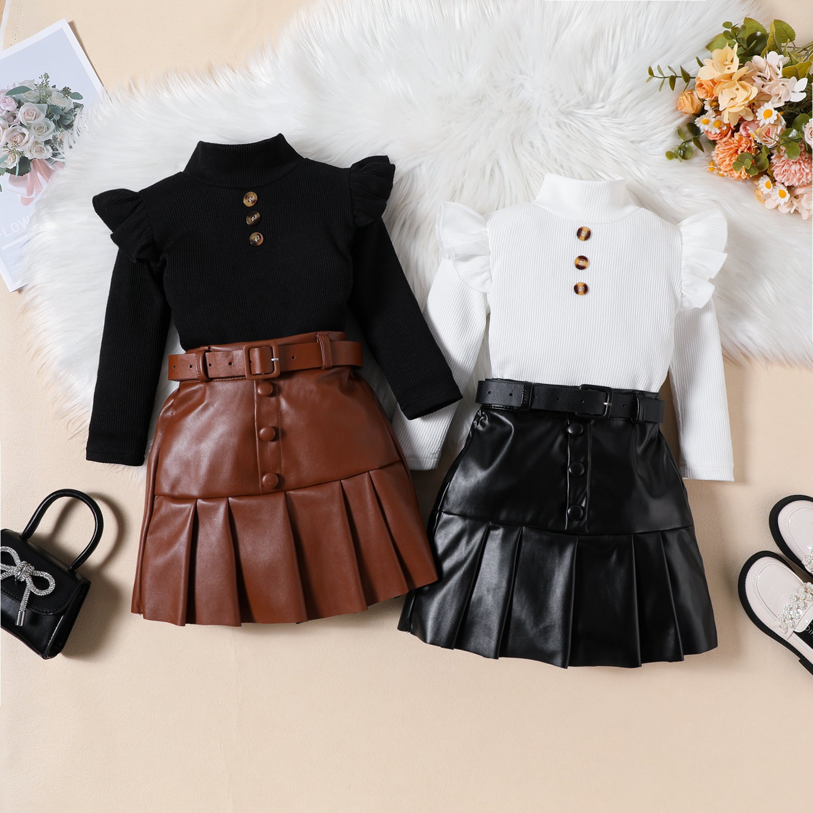Ceinture de jupe plissée en cuir PU à manches longues haute