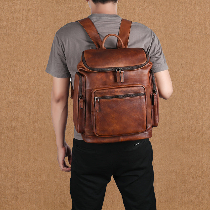Men's Genuine Cowhide Leather Double-Layer Retro Backpack