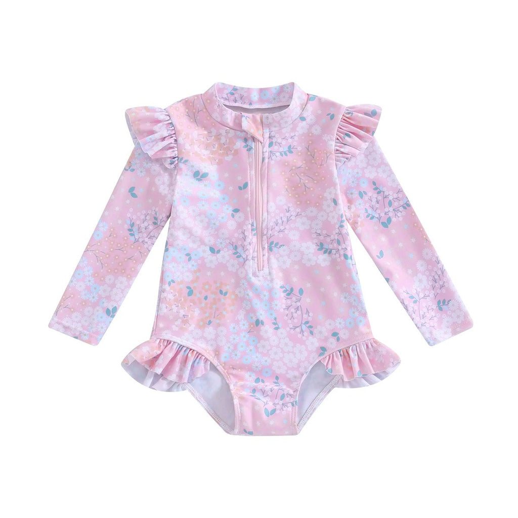 Bébé 9M-5Y Tout-petit Enfant Fille Maillot de bain Ruffle Floral Imprimer manches longues Zipper Swimwe