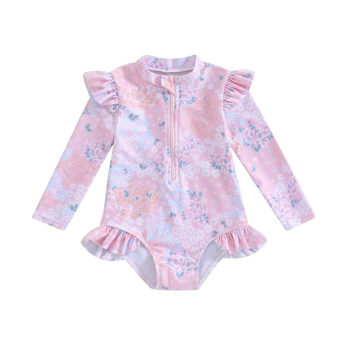 Bébé 9M-5Y Tout-petit Enfant Fille Maillot de bain Ruffle Floral Imprimer manches longues Zipper Swimwe