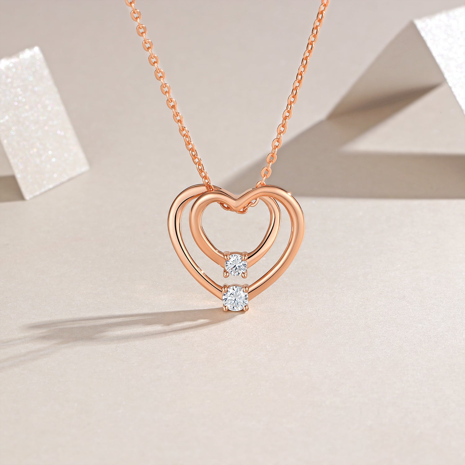 S925 Collier double coeur en or rose argent sterling