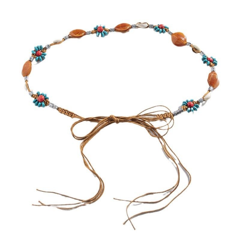 Bohemian style fleur tissée style ethnique fait main perles en bois Ceinture de femmes Loisirs H