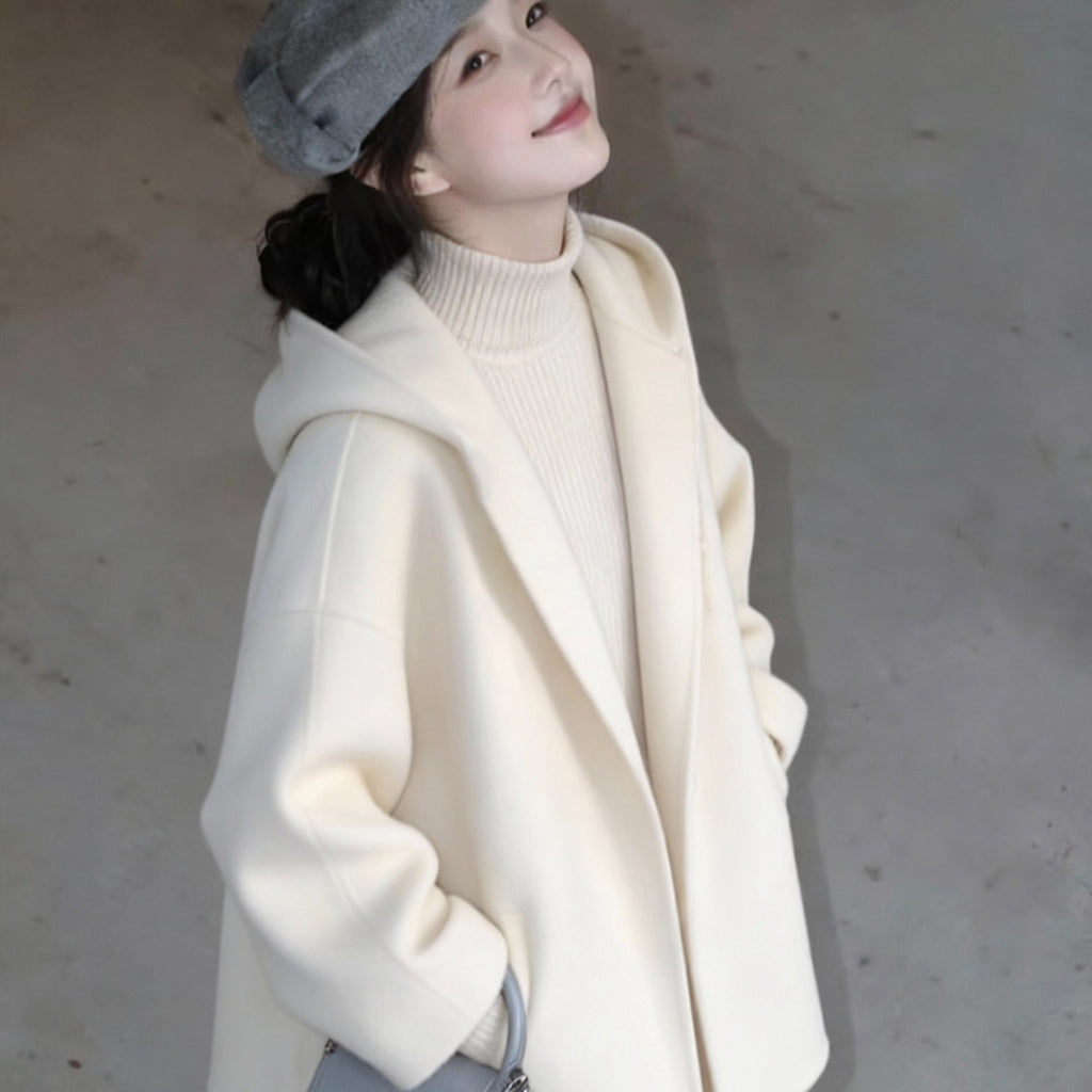 Manteau de laine à capuche blanche à double face pour femmes
