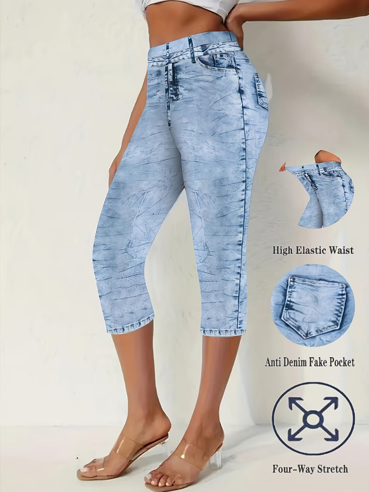 High-stretch, tight-fit, high-waisted, denim-look for summer