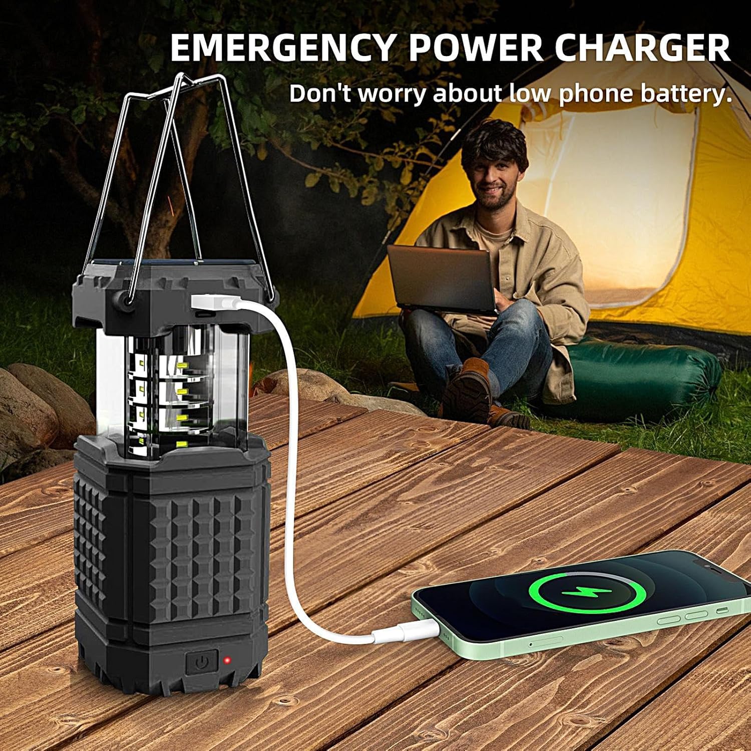 3 En 1 Solar Hand Cran LED Camping Lanterne Lampe de poche collapsible 200LM Banque d'électricité IPX4