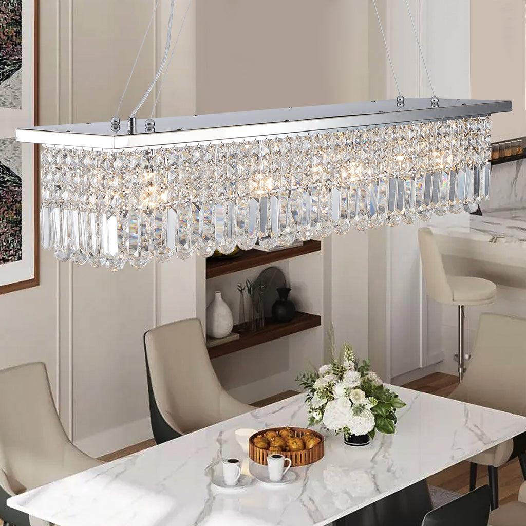Lustre en cristal moderne pour salle à manger Rectangle blanc 8 lumières Raindrop Lustre Cont