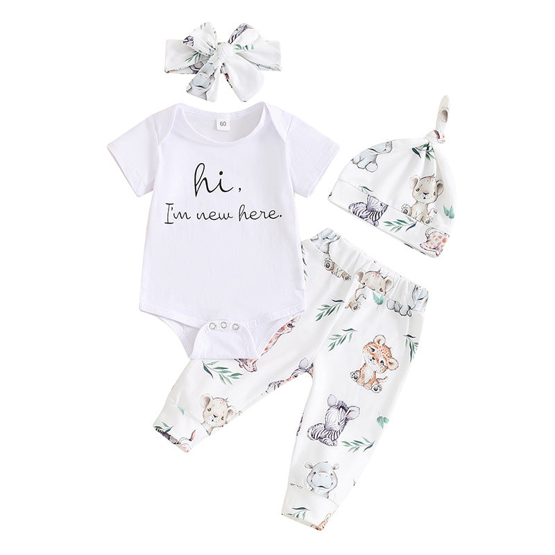 Letter-print Chapeau à manches courtes Romper Long Pantalon et bandeau de quatre pièces