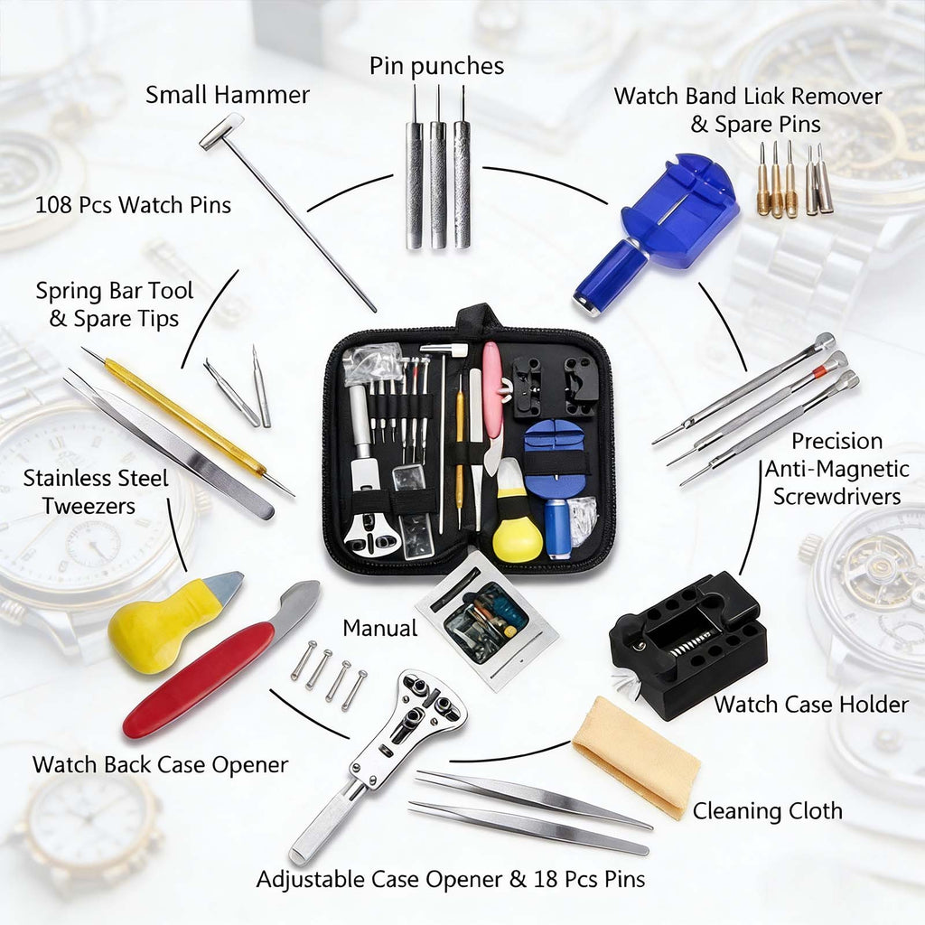 147PCS Kit d'outils de réparation de montres Déchiqueteuse de cas de retour Spring Pin Bars Watchmaker