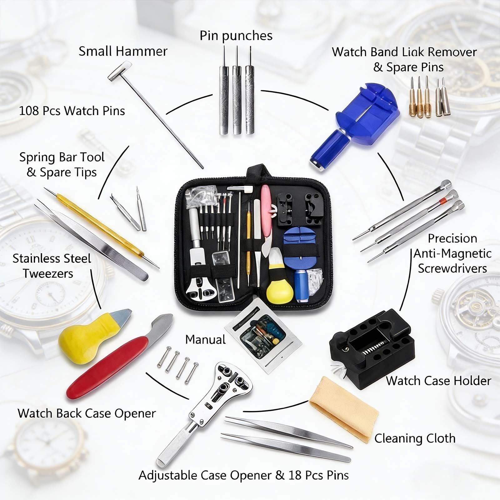 147PCS Kit d'outils de réparation de montres Déchiqueteuse de cas de retour Spring Pin Bars Watchmaker