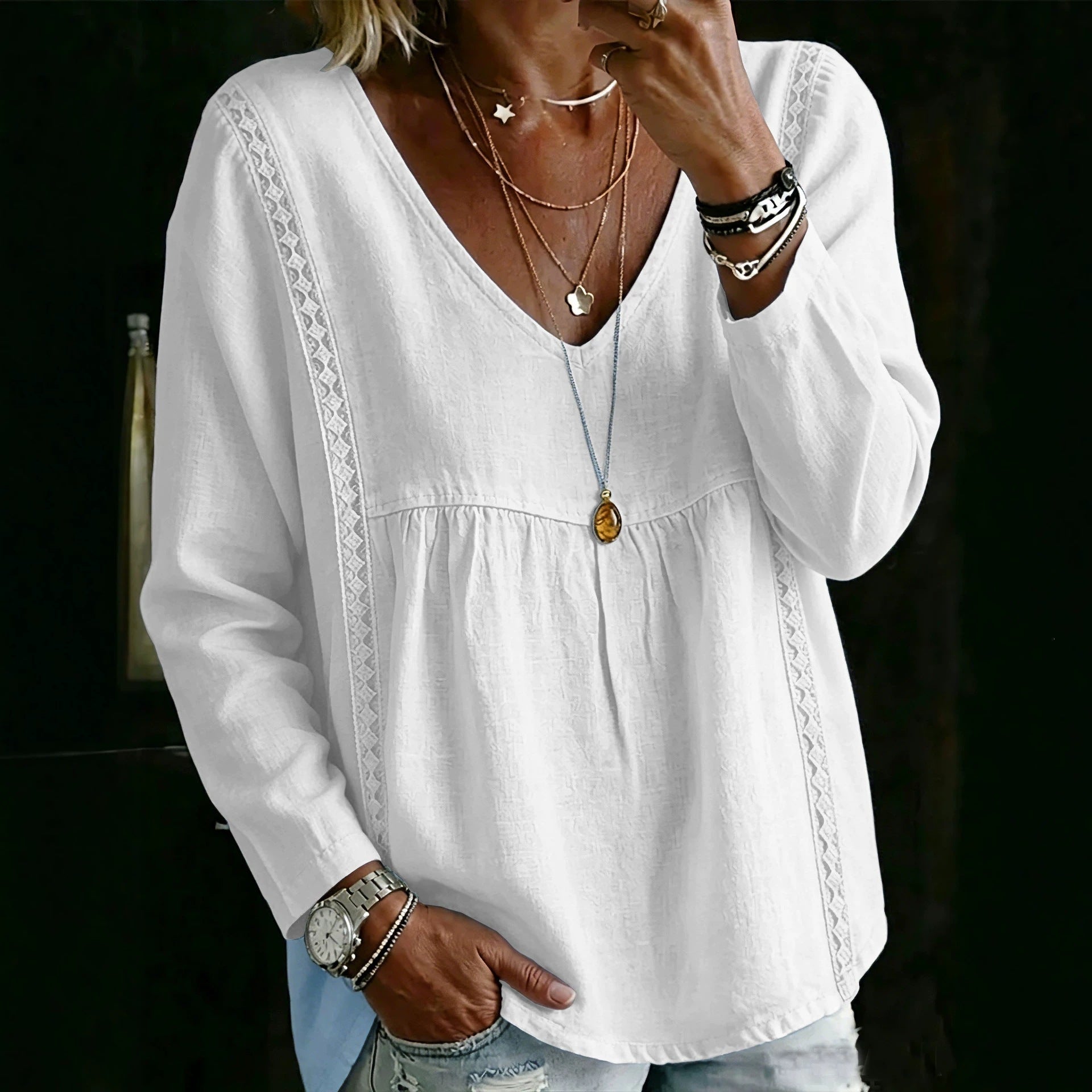 Blouse à manches longues en dentelle V pour femmes