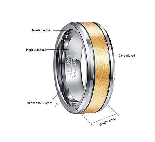 Hommes 8mm Or Couleur Brossé Centre Deux Grooves Tungsten carbure de mariage bagues de bande de mariage Bevele
