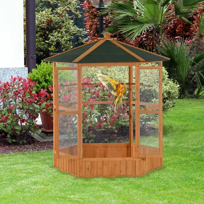 PawHut 69 En bois Hexagonal En plein air Aviaire Cage d'oiseau avec toit couvert