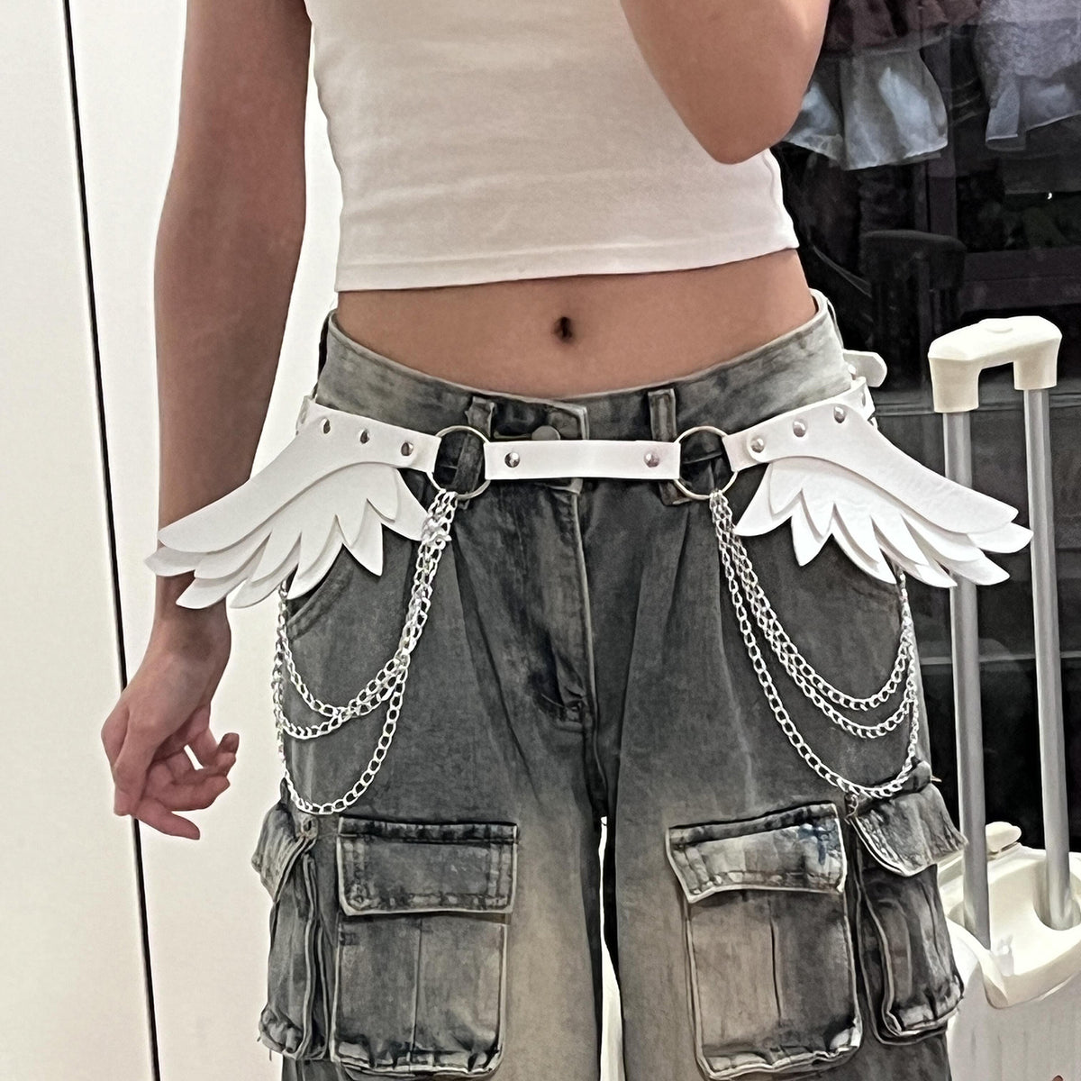 Y2K Sweet Cool Girl Belt Décoration avec Devil Angel Wings Chaîne de taille Subculture fille 2D