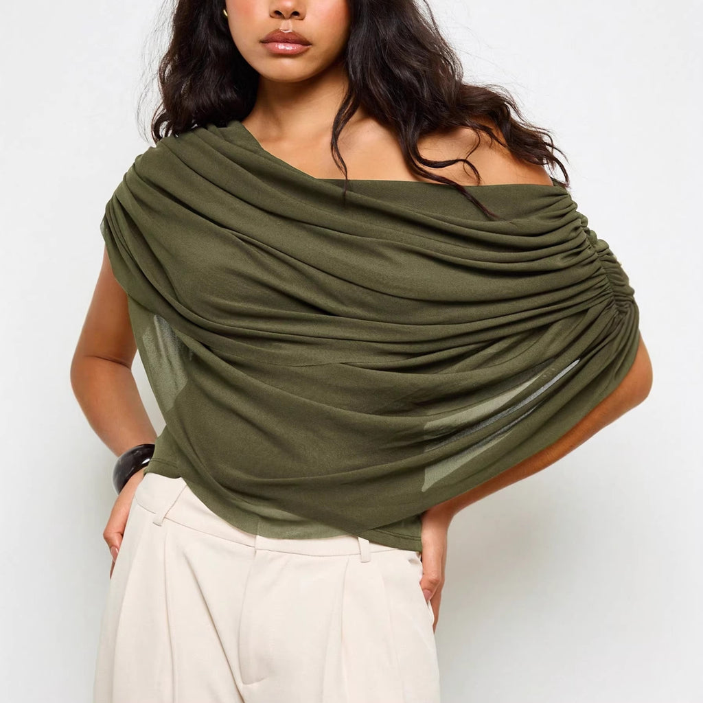 Femmes Mode Loose-fitting Cape-style Solid-color Top avec Pleats